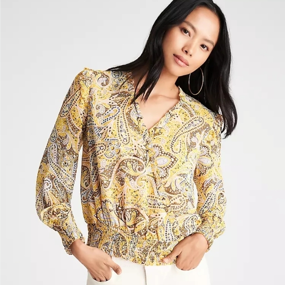 Ann Taylor Paisley V-Neck Blouse - Yellow and Brown XL (5729)
